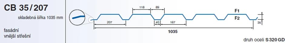 Geometrie stěnového trapézového plechu CB 35/207