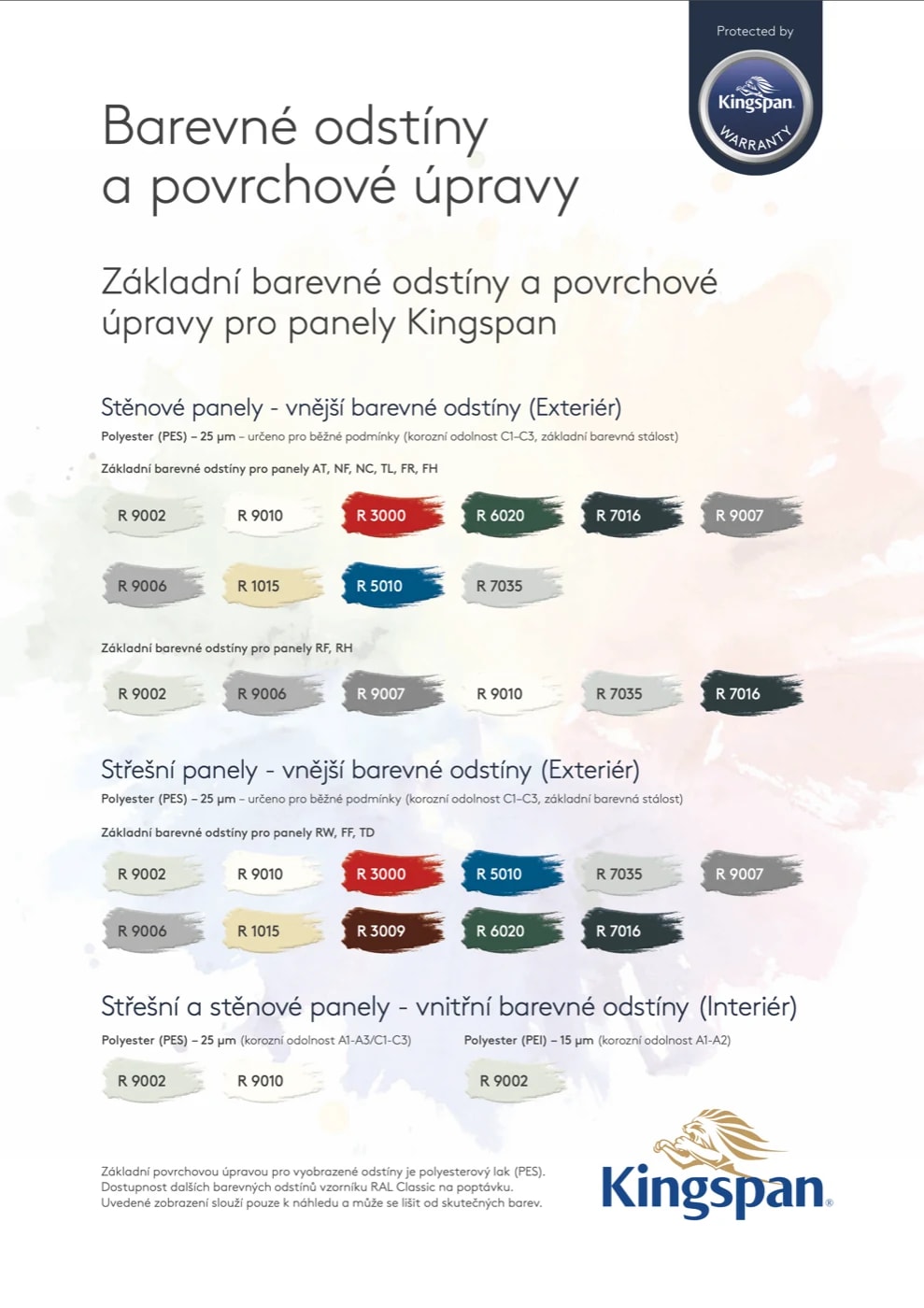 Přehled barevných odstínů a povrchových úprav panelů Kingspan