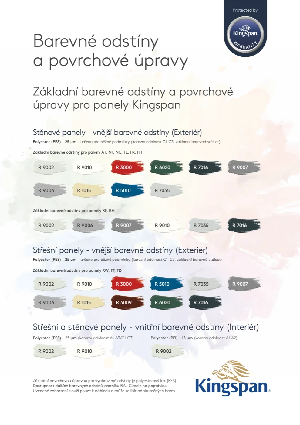 Přehled barevných odstínů a povrchových úprav panelů Kingspan
