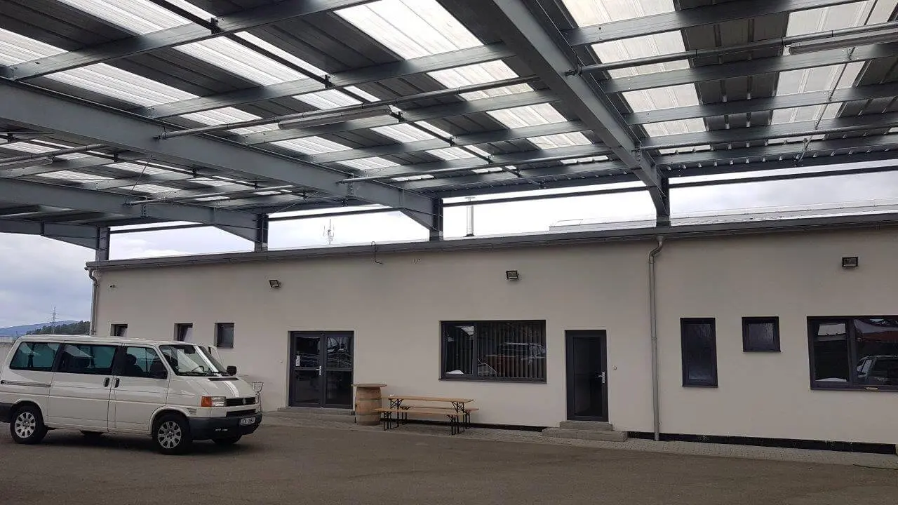 Přístřešek v lokalitě Kamenný Újezd u Českých Budějovice, rozměry hala 28 x 35 m a přístřešek 19,5 x 35 m – fotografie 3