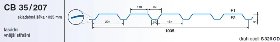 Geometrie stěnového trapézového plechu CB 35/207
